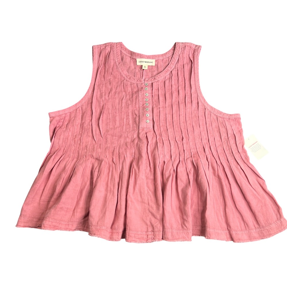Lucky Brand Womens XL Pink Cotton Pintuck Peplum Sleeveless Henley Top NWT